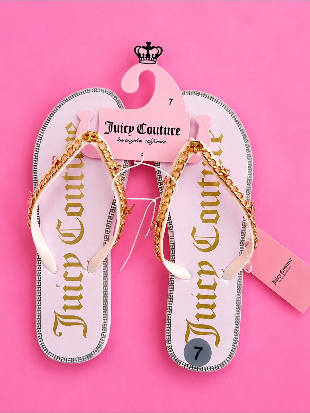 Juicy Couture Pink Bling Flip Flop Sandals Gold Chain Rhinestone Size 7 NWT